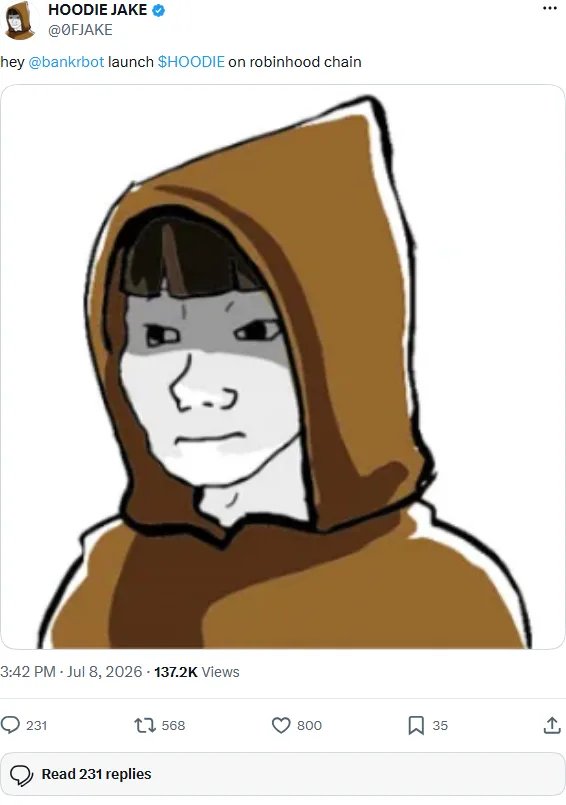 0FJAKE's original post requesting the $HOODIE launch on Robinhood Chain